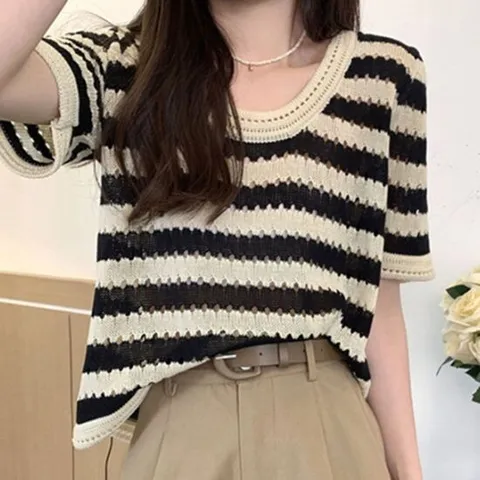 7부니트 배색 스트라이프 펀칭 반팔 니트 티셔츠 여름