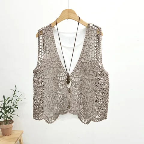 (루즈핏) 손뜨개 레이스 단추 조끼/ 스카시 그물 여름 니트