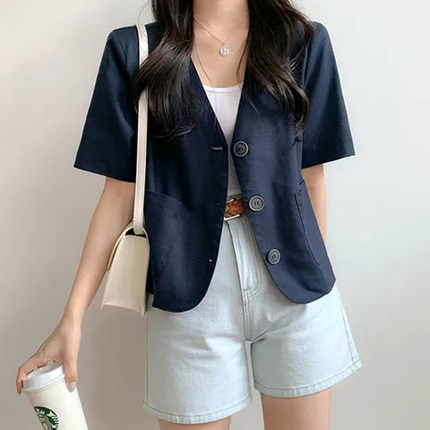 [페리엠]브이넥 빅버튼 린넨 봄 여름 하객룩 넬코즈반팔자켓