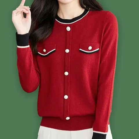 여자니트 여자 봄 가을 진주 장식 라운드넥 니트 레드