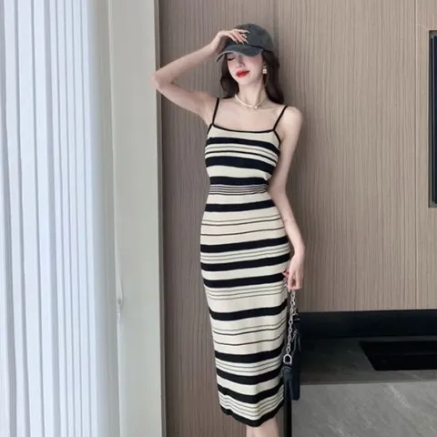 여름 시원한 니트 롱 원피스 여성 민소매 끈나시