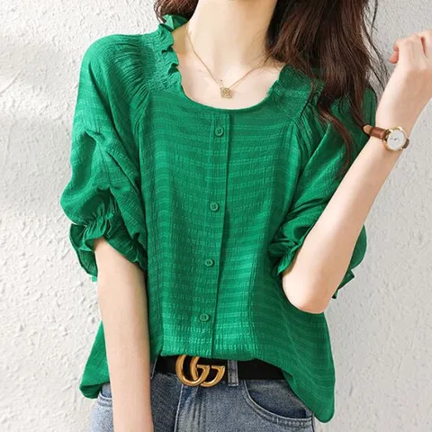 [블랙퀸]마감할인 퍼프소매셔링반팔블라우스 blk001355