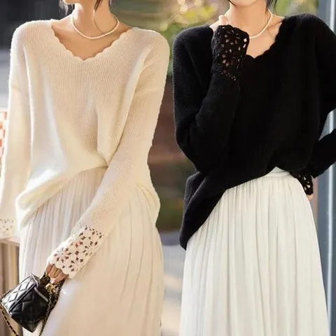 [라일리의류] Rly 여성 펀칭 브이넥 봄 가을 니트 긴팔 티