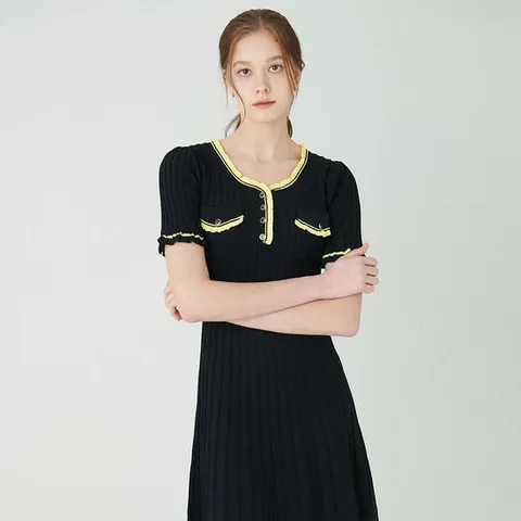 [SATIN] [Selected]배색 셔링 니트 원피스 O242T908