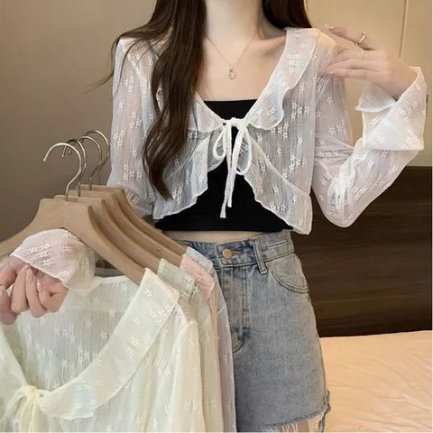 여자니트가디건 여자 여름 시스루 레이스 빅카라 크롭 볼레로 가