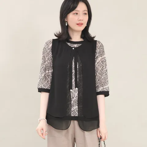 애비뉴투지 엄마옷 진주 드랍 쉬폰 날개 봄 여름 숏 조끼 V05402