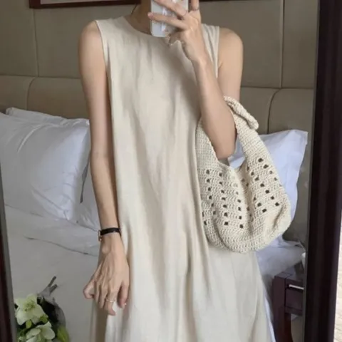 [옷자락]여자 백오픈 마원단 SS 내추럴 슬리브리스 롱원피스