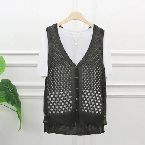 브이넥 스카시 펀칭 롱 단추 조끼 여름 그물 니트