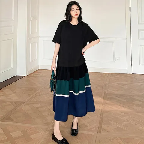 [이쁘다] 가비 실키 배색 플레어 반팔 롱 원피스