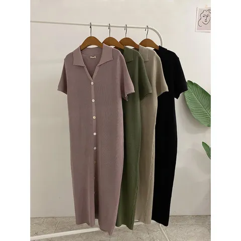 허니제이 / 뉴멜 트임 카라 단추 반팔 니트 롱 원피스