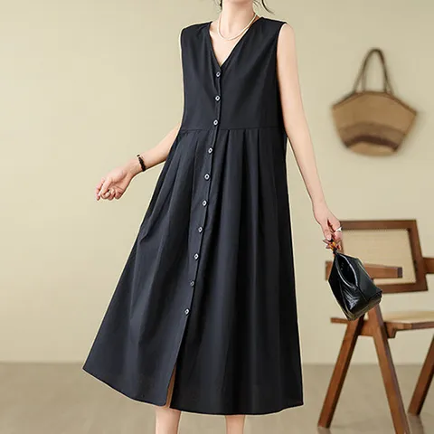 [클리어런스세일] 브이넥 셔츠버튼 민소매 롱 원피스 07A5C4