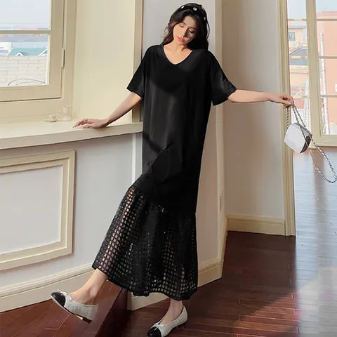 [이쁘다] 노베 브이넥 스퀘어 레이스 반팔 롱 원피스