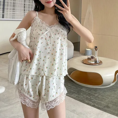 마리나 실크잠옷 여성 실크슬립 민소매 반바지 홈웨어 세트