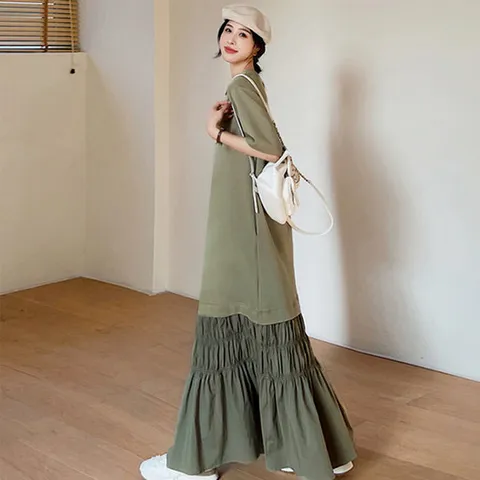 [이쁘다] 아테 바스락 스모크 반팔 롱 원피스