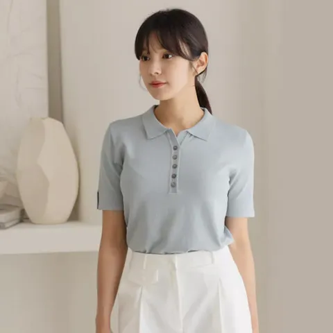 [바네사빈] 여름)베이직 소매트임 카라 버튼 반팔니트 v00665