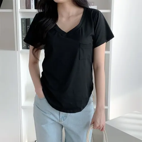 [로아리빙]브이넥 포켓 기본 여자 반팔티 무지 면티 여름티셔츠