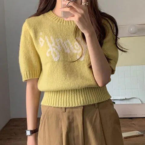 슈팅스타 / 라운드넥 크롭 숏 레터링 반팔 울 니트 티셔츠