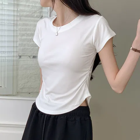 어나더뷰 쫀득 세미크롭 셔링 반팔티 티셔츠 무지 기본템 1978