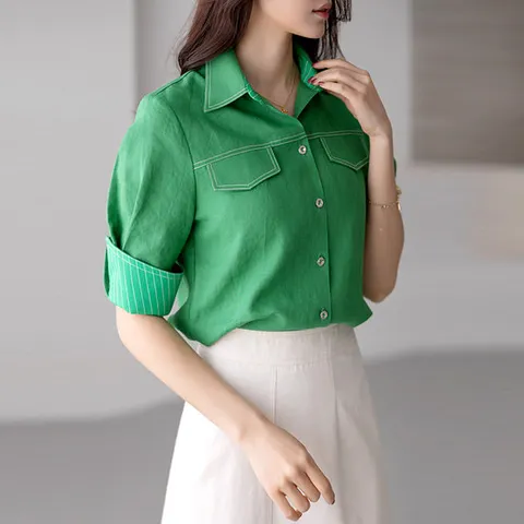 [루이스엔젤] 커프스 소매 린넨100% 반팔 셔츠 블라우스