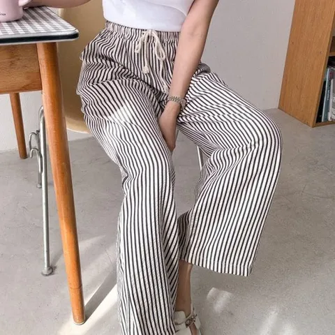 [옷자락]여자 마실룩 넓은 단가라 고무줄 지지미팬츠 바지