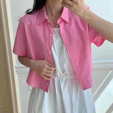 [VY] 여자 여름 핑크 옐로우 컬러 크롭 반팔 남방