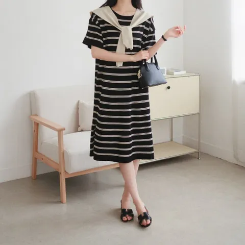 룰루제이 / 썸머 스카프 콤비 단가라 니트 원피스
