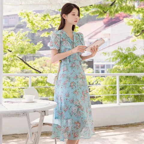 [시크라인] 팔마로사 핀턱 러플 페플럼 플로랄 쉬폰 원피스