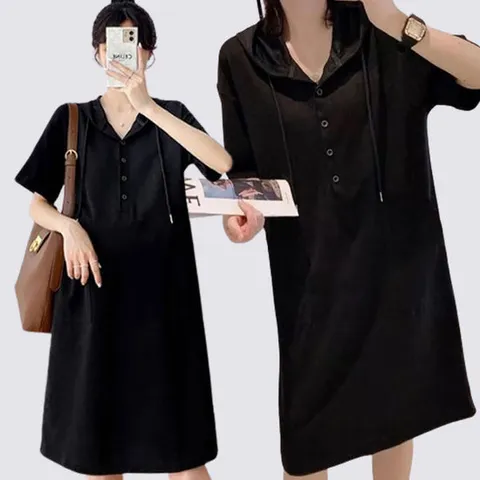 [로즈엘리]55부터 88까지 블랙 그레이 데일리 후드 롱원피스