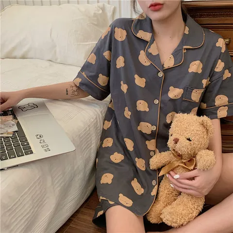 테디미니 차콜 반팔 잠옷 세트 여성 파자마 여름 홈웨어