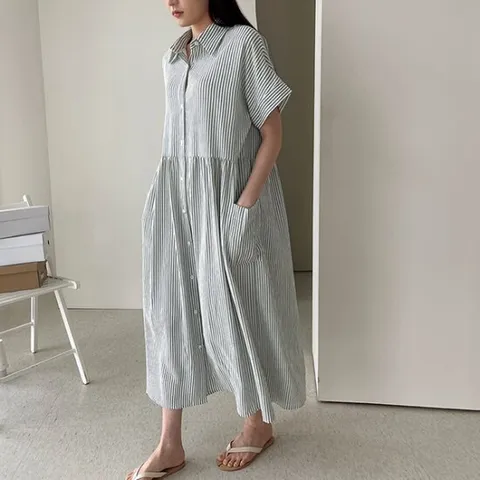 [어반프랑] 카린 셔츠 카라 스트라이프 지지미 오버핏 롱원피스