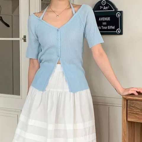 [다잇템]여자 여름 페미닌 홀터 스트랩 린넨 가디건