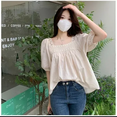 블라우스 스퀘어넥 린넨
