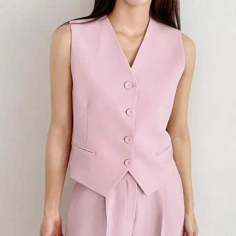 여자 여름 핑크 브이넥 슬림핏 포멀 정장 조끼 베스트