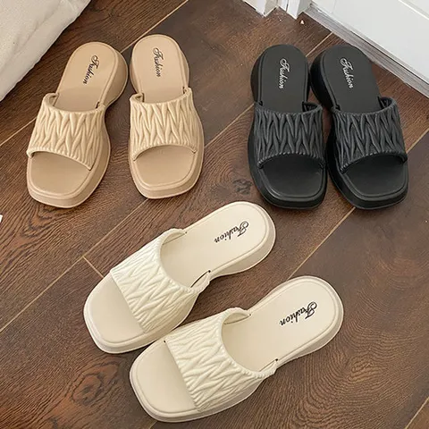 리플 여성 통굽 슬리퍼 샌들 여자 여름 비치 사무실 거실화 실내