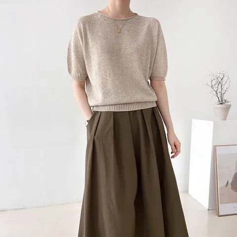 여자 여름 홀가먼트 반팔 린넨 라운드 니트 티셔츠 마 이너티