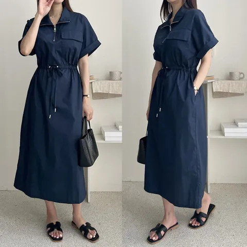 [세라제이] 지퍼카라 바스락 반팔 허리스트링 롱원피스