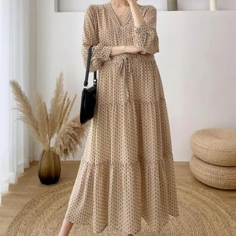 빅사이즈 브이넥 쉬폰 허리끈 셔링 롱원피스 임부복 빅사이즈원