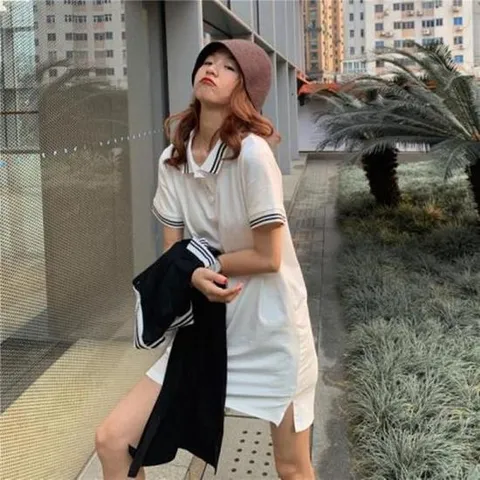 S64146 소매 카라 줄포인트 카라 원피스 반팔면원피스 여자예쁜