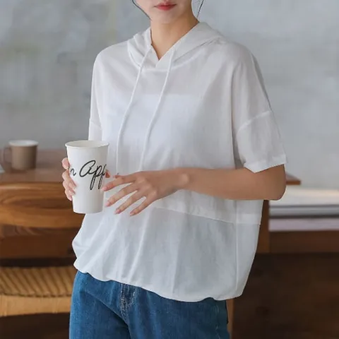 H스타일(WC)아이스후드반팔티 여름 여성 반팔티셔츠 후드티