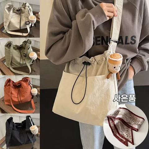 [사은품증정]수납력 좋은 나일론 보부상백 드로스트링 크로스백 토트백