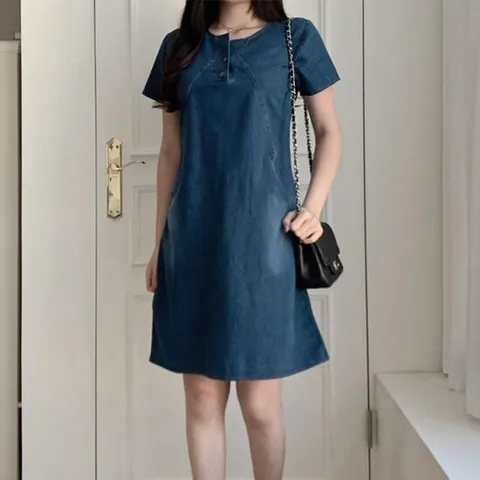 데님 반팔 원피스 캐주얼 여성 중청 미디 스커트