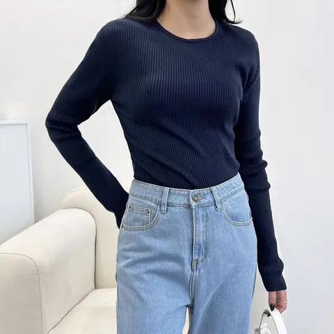 라운드넥 베이직 골지 니트 티셔츠 슬림핏 데일리웨어