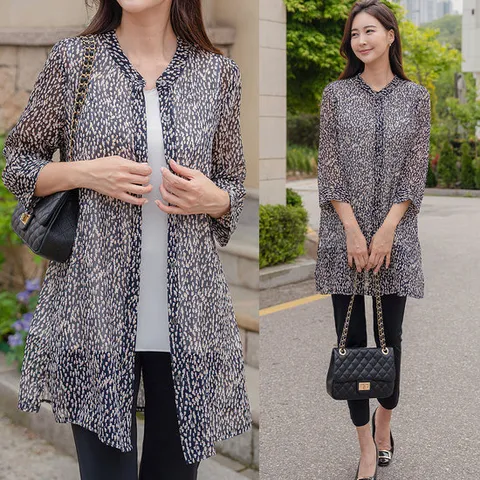 여름 여자 호피 패턴 쉬폰 시스루 빅사이즈 롱 블라우스 자켓