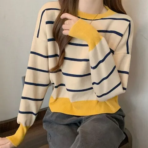 여성 크롭기장 니트티 줄무늬 겨울 가을 니트티셔츠 데일리룩 데