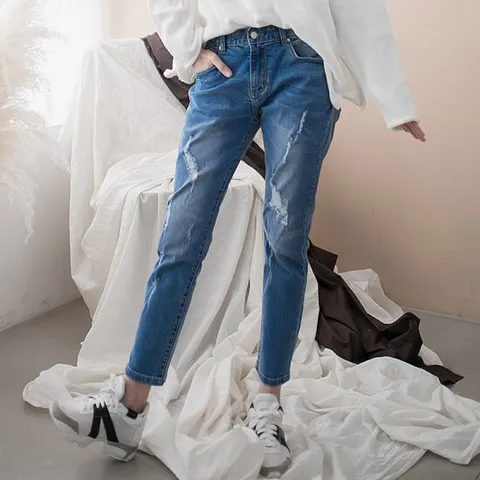 [지기핏] 디스트로이드 헤짐 울트라 스판 배기 여성청바지