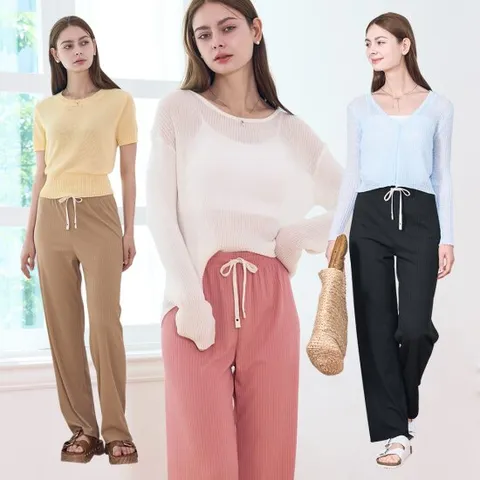 디톡스 여성 여름 캐쥬얼 플리츠 와이드 밴딩팬츠