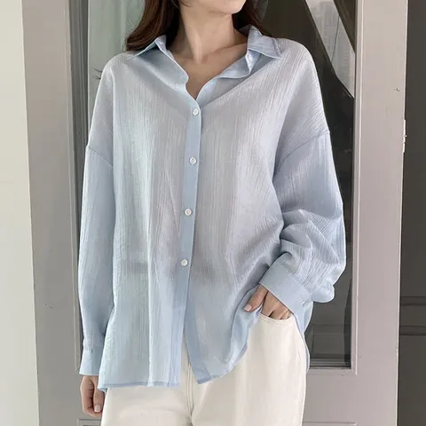 라이아 여성 시스루 셔츠 남방 아사 루즈핏 긴팔 롱 블라우스 여