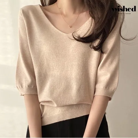 [위시드]브이넥 베이직 반팔 니트 (WIBBNT022)