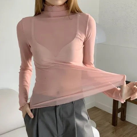 여성 사계절 시스루 무지 레이어드 목폴라 티셔츠 이너티 속티