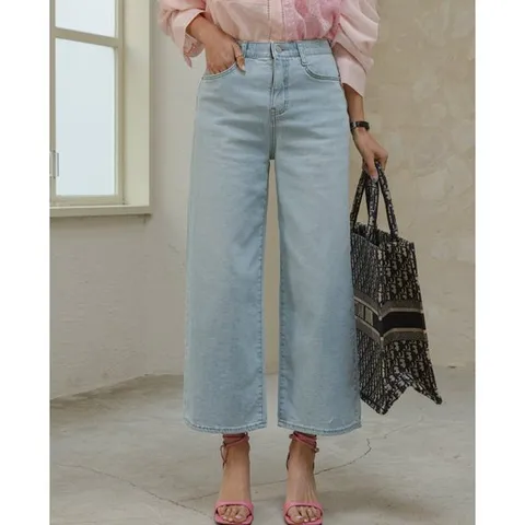 여성 스판 밴딩 링사 8부 와이드 데님팬츠 통청바지